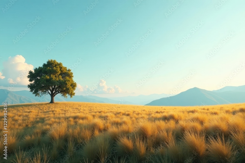 Fototapeta premium A minimalist landscape featuring a small forest in the distance, forest, natural light, mountains