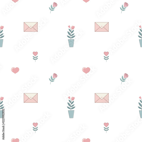 Valentine’s Day pattern with pink hearts, flowers, letters on a white background. Seamless background perfect for use in textiles, wallpapers, and festive decorations.
