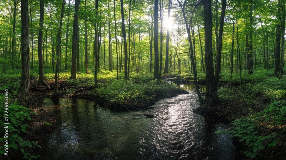 Fototapeta premium Sunlit stream flows through lush green forest. Peaceful nature scene, ideal for travel or environmental themes