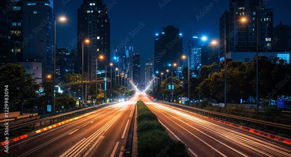 Fototapeta premium City roads glowing under bright traffic lights at night