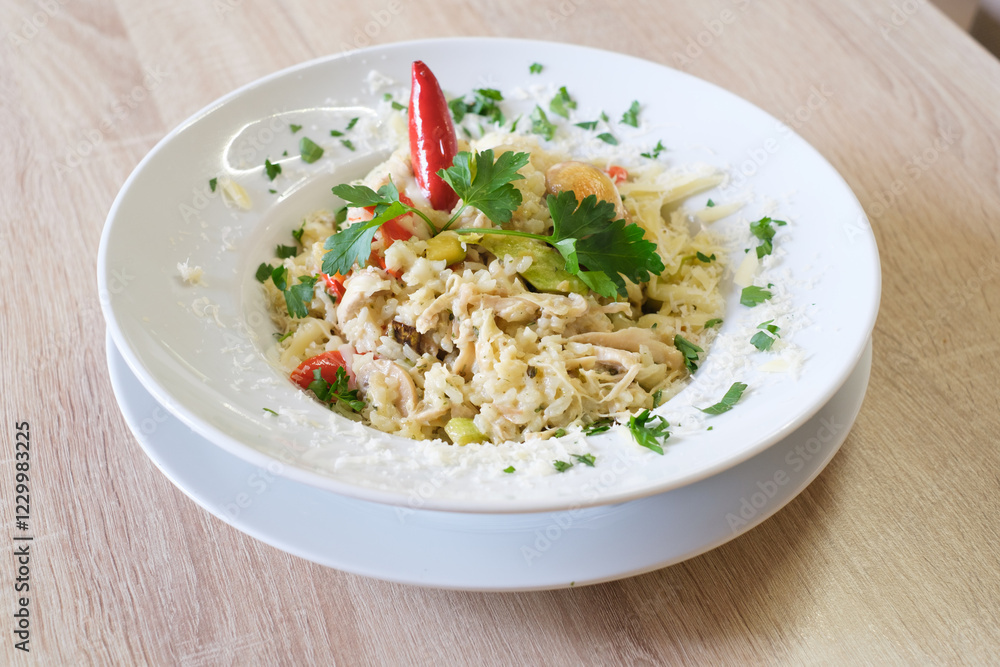 Creamy chicken risotto garnished with parsley and a chili pepper Creamy chicken risotto garnished with parsley and a chili pepper