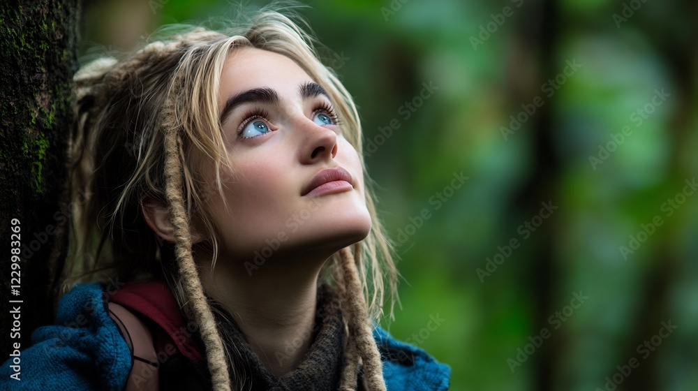 Hopeful Gaze: A Young Woman with Dreadlocks Looks Upward in a Lush Forest Hopeful Gaze: A Young Woman with Dreadlocks Looks Upward in a Lush Forest