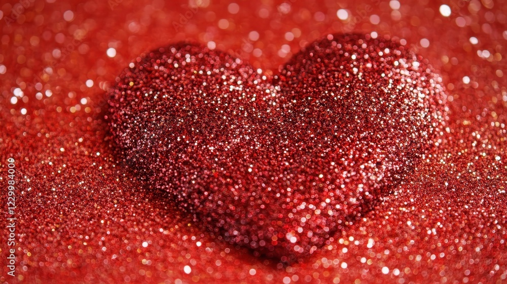 Fototapeta premium Red heart-shaped confetti scattered amidst golden glitter sprinkles on a bright turquoise backdrop.