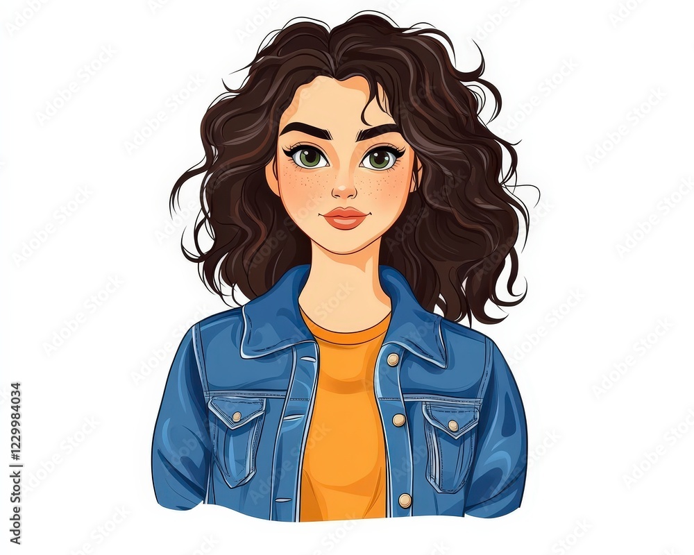 Young woman with curly hair wearing denim jacket and orange shirt Young woman with curly hair wearing denim jacket and orange shirt