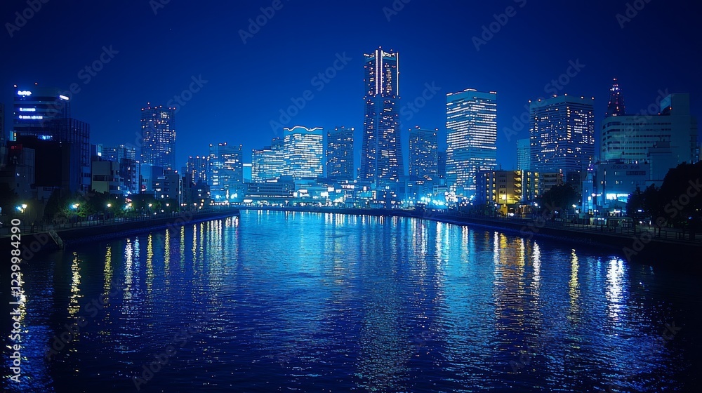 Naklejka premium Night cityscape, waterfront reflection, urban skyline, calm water, city lights