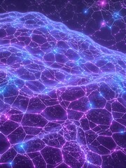 Papier peint photo Prune A futuristic digital landscape featuring glowing neural network patterns in shades of blue and purple, symbolizing the power of artificial intelligence.  © LooPanda-Pictures