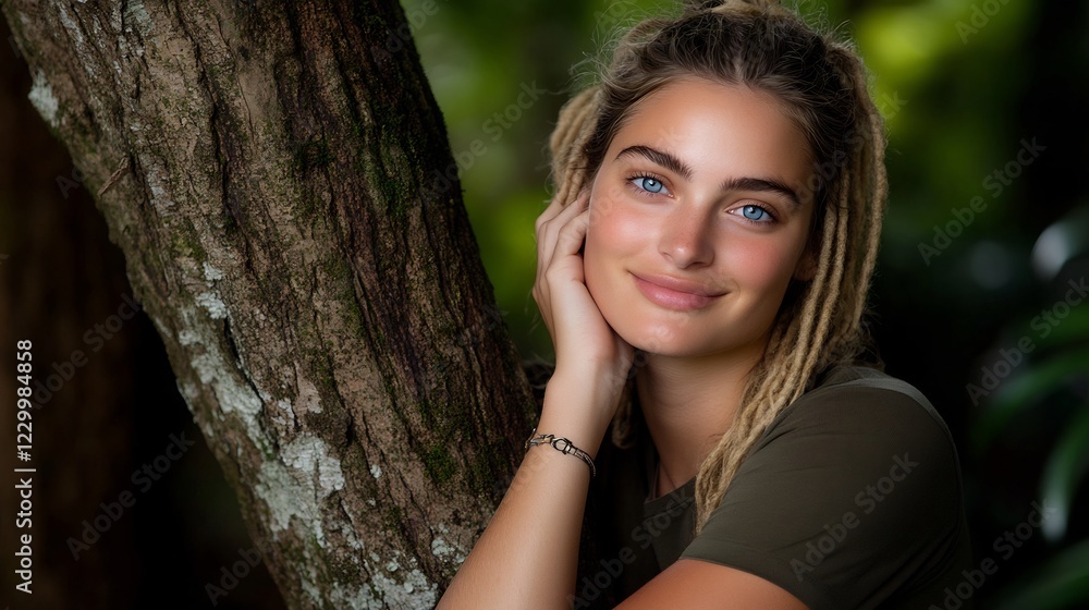Serene Portrait of a Young Woman with Dreadlocks Near a Tree Serene Portrait of a Young Woman with Dreadlocks Near a Tree
