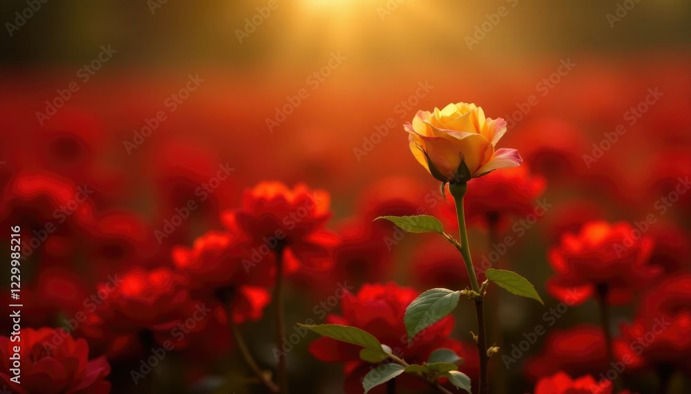 Obraz premium A single golden rose in a red and gold floral field, red, gold, nature