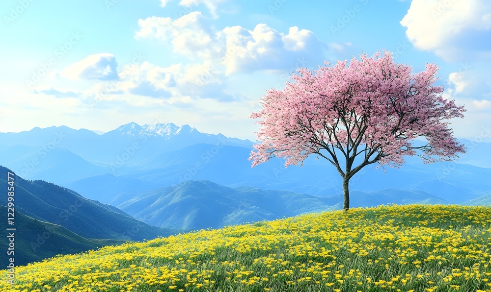Solitary pink tree on hillside, yellow flowers, mountain backdrop; springtime nature scene Solitary pink tree on hillside, yellow flowers, mountain backdrop; springtime nature scene