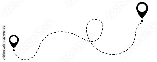 Route icon between two points with dotted path lines,  continuous one line drawing location pointer, GPS navigation line route mark icon sign flat vector illustration isolated on white background.