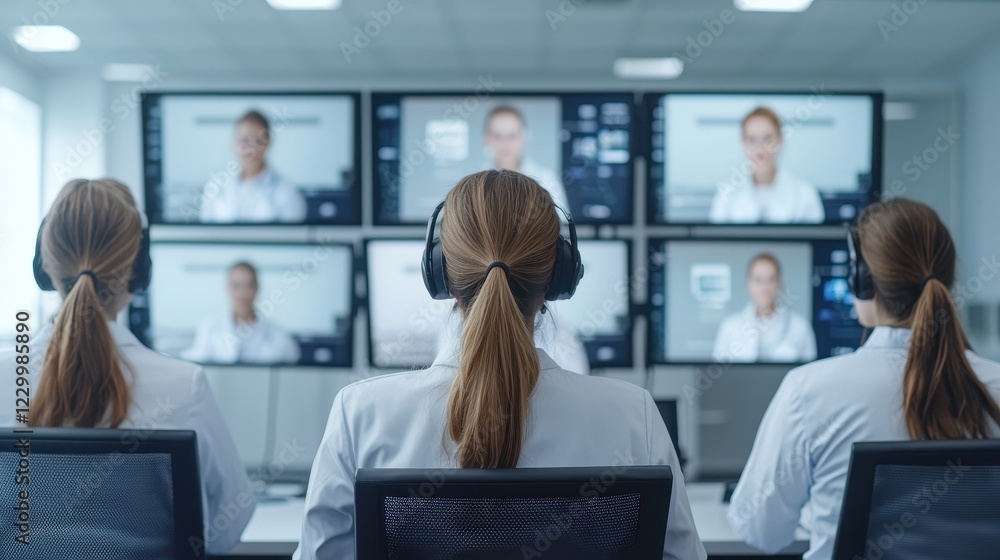 Obraz premium Medical Professionals Monitoring Multiple Screens in Modern Control Room