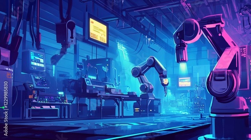 Futuristic ai-powered factory robotics lab digital art neon environment high-tech viewpoint