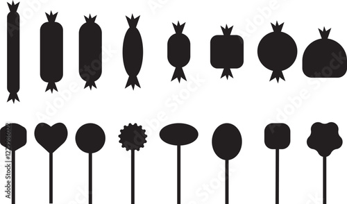 Sweets and candy icon set. Chocolate bars, caramel, toffee and lollipop on sticks, marmalade bears. Confectionery shop elements for birthday kids present cartoon flat isolated vector collection.