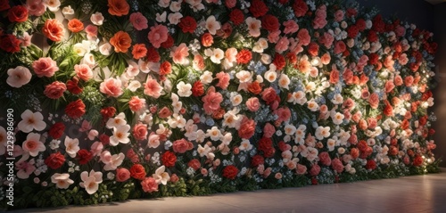 Artificial flowers wall with intricate details and soft lighting, flower wall, garden room, artificial flowers
