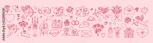 A row of Valentine's Day themed images, including hearts, flowers, and other symbols. Scene is romantic and celebratory