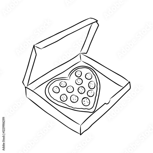 A pizza is in a box with a heart on it. The pizza is covered in pepperoni