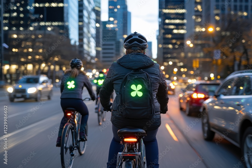 A group of illuminated cyclists with glowing green symbols on their backpacks rides through a bustling city at dusk, showcasing activity and urban lifestyle. A group of illuminated cyclists with glowing green symbols on their backpacks rides through a bustling city at dusk, showcasing activity and urban lifestyle.