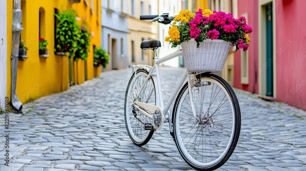 Charming Bicycle with Flowers in a Colorful European Street Charming Bicycle with Flowers in a Colorful European Street