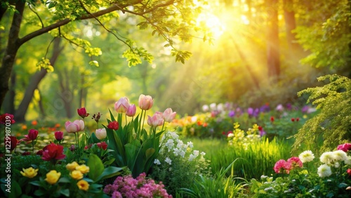 Fototapeta Naklejka Na Ścianę i Meble -  Soft sunlight casts a warm glow on lush greenery and vibrant blooming flowers in a serene spring landscape with brushstrokes of light and shadow, greenery, foliage