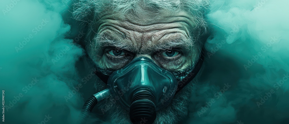 An elderly man wearing a gas mask, surrounded by a misty, eerie atmosphere. An elderly man wearing a gas mask, surrounded by a misty, eerie atmosphere.