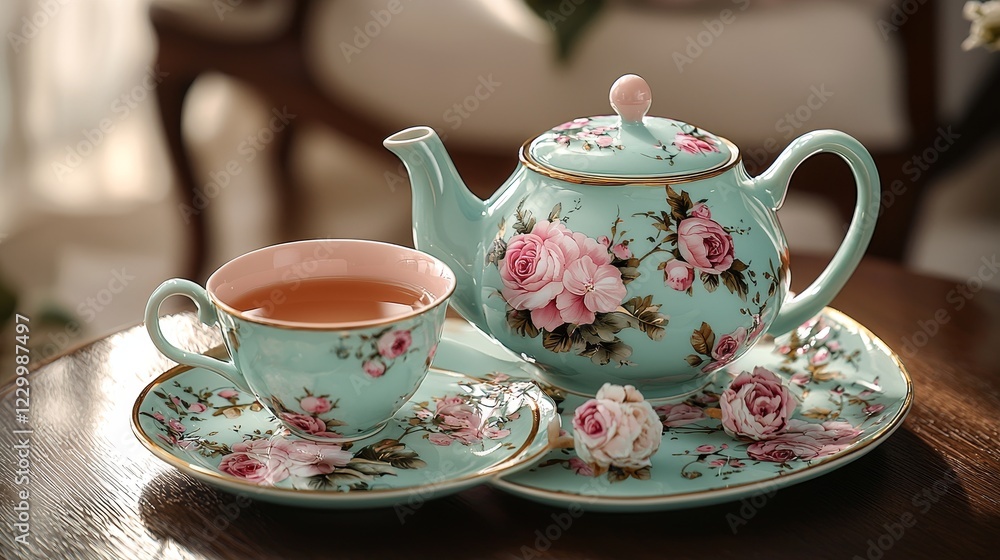 Elegant tea set display with floral design cozy living room decorative still life natural lighting vintage charm Elegant tea set display with floral design cozy living room decorative still life natural lighting vintage charm