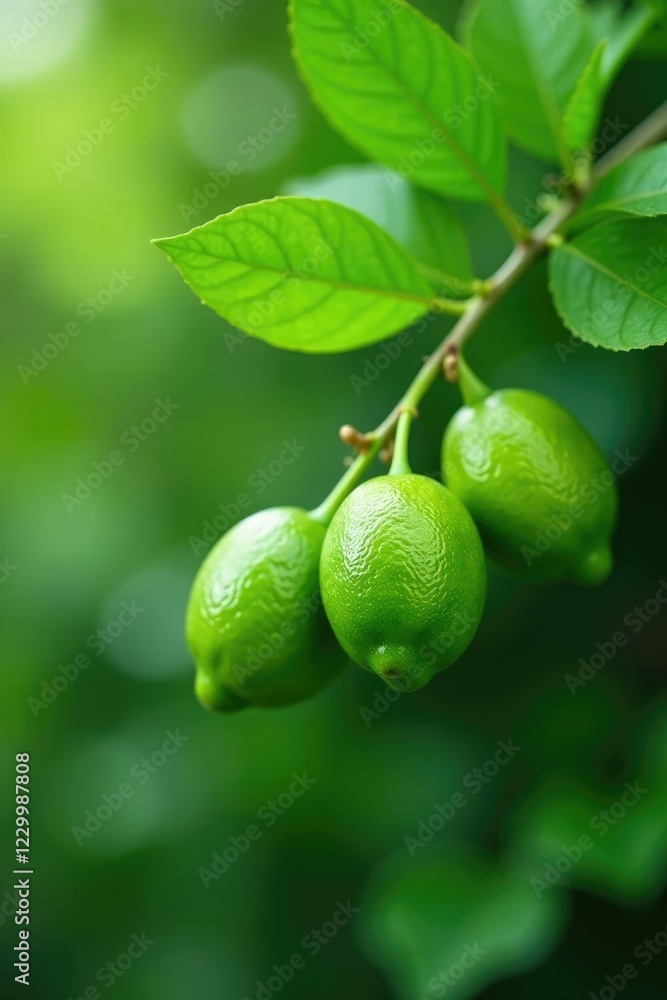 Fresh green kaffir lime leaves attached to a branch, botanical, tropical plant Fresh green kaffir lime leaves attached to a branch, botanical, tropical plant