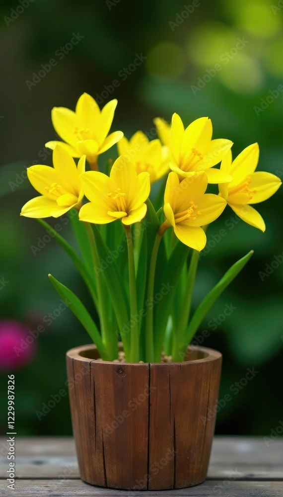 Freshly cut Freesia stems with green leaves and yellow petals, placed in a wooden planter, garden, arrangement Freshly cut Freesia stems with green leaves and yellow petals, placed in a wooden planter, garden, arrangement