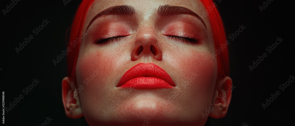 Close-up portrait of a woman with vibrant red hair and makeup against a dark background. Close-up portrait of a woman with vibrant red hair and makeup against a dark background.