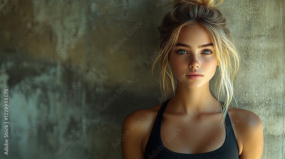 Fototapeta premium A young woman with blonde hair and blue eyes stares intensely at the camera.