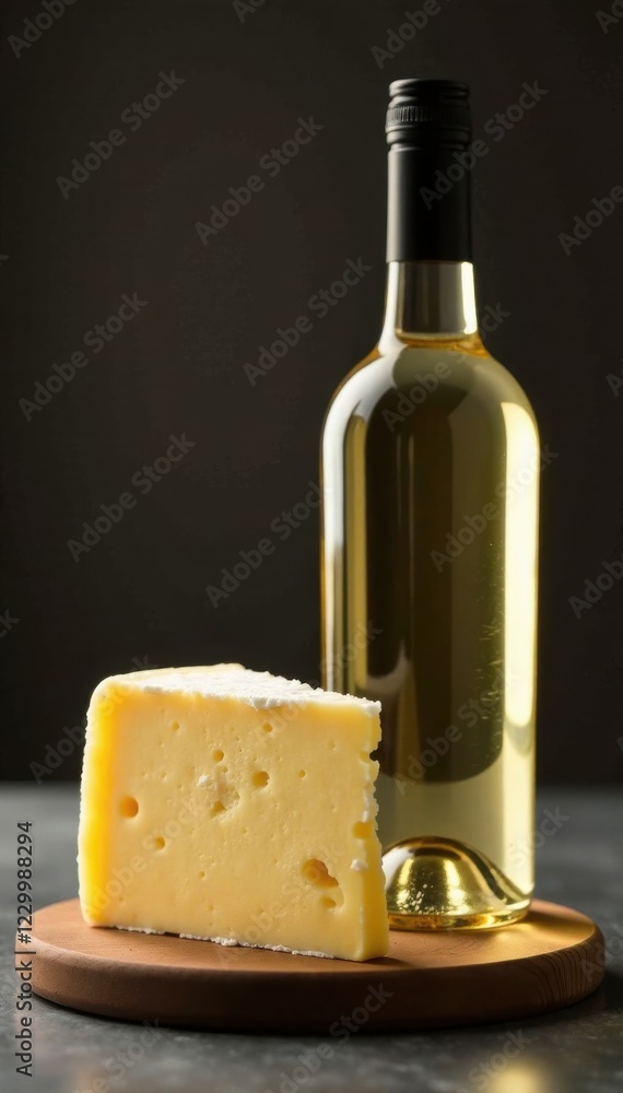 Bottle of white wine next to a block of creamy Brie cheese, wine bottle, brie Bottle of white wine next to a block of creamy Brie cheese, wine bottle, brie