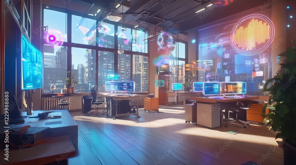 Fototapeta premium Innovative ar and vr workspaces high-tech office digital environment urban view future concepts