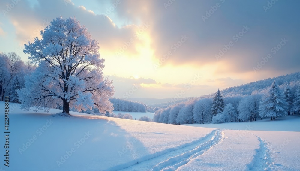 Frosty morning landscape with snow-covered trees and distant storm clouds, winter, cloudy, calm Frosty morning landscape with snow-covered trees and distant storm clouds, winter, cloudy, calm