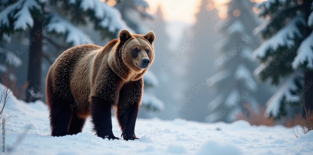 Brown bear standing alone in snowy forest, bear, brown bear, Brown bear standing alone in snowy forest, bear, brown bear,
