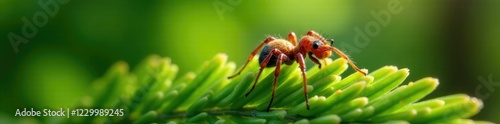 Ixodes persulcatus on a fir leaf under sunlight filtering, arachnid, abies photo