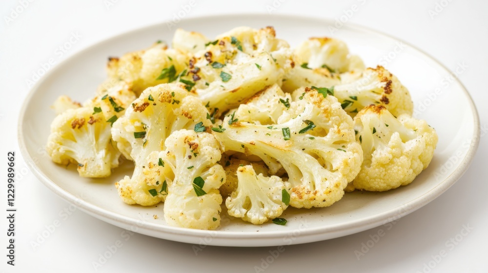 A minimalist plate of roasted cauliflower florets, lightly seasoned with herbs, arranged on a plain white ceramic plate A minimalist plate of roasted cauliflower florets, lightly seasoned with herbs, arranged on a plain white ceramic plate