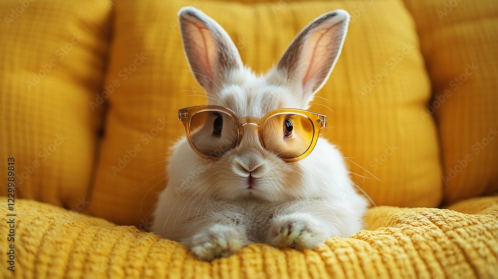 Cute rabbit wearing sunglasses on a bright yellow couch in a cozy indoor setting during daytime Cute rabbit wearing sunglasses on a bright yellow couch in a cozy indoor setting during daytime