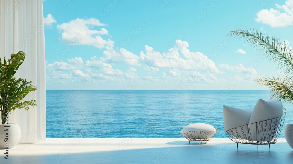 Obraz premium Serene Ocean View Relaxation Space with Modern Minimalist Furniture