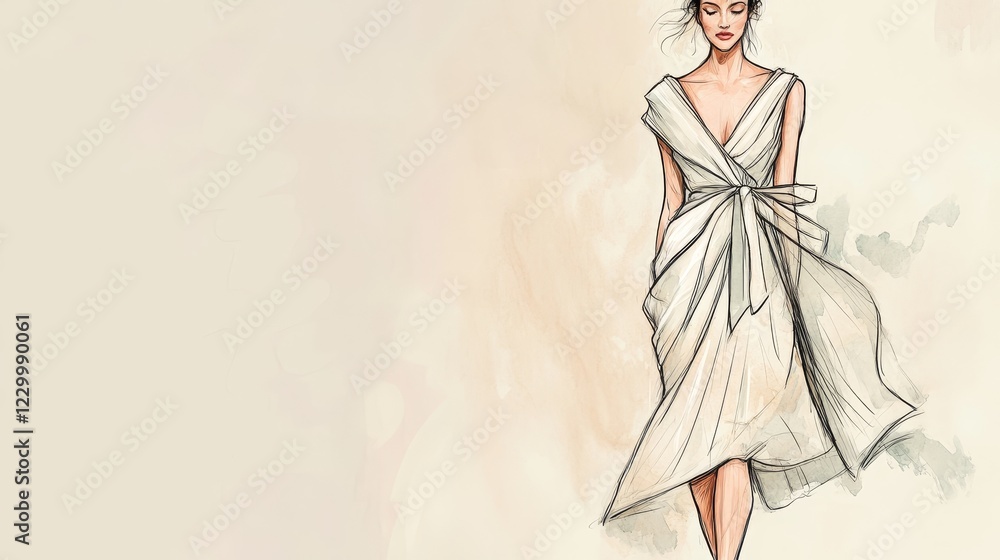 Fototapeta premium Elegant Fashion Sketch of a Flowing Wrap Dress Design in Fabric