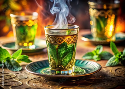 Authentic Moroccan Mint Tea in Decorative Glass: Tilt-Shift Photography Stock Photo photo