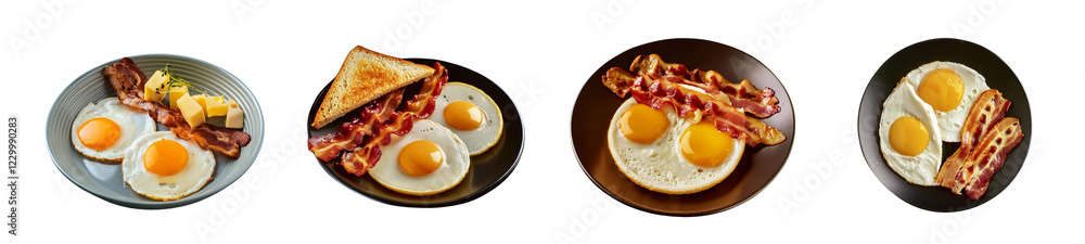 Fried eggs and bacon for breakfast isolated on transparent background, . Top view Fried eggs and bacon for breakfast isolated on transparent background, . Top view