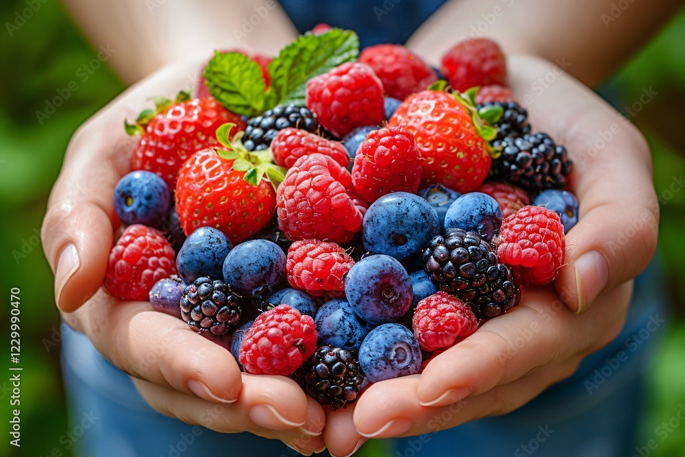 Hands are filled with an assortment of freshly picked berries, including strawberries, blueberries, raspberries, and blackberries. The vibrant colors and textures highlight summer's bounty Hands are filled with an assortment of freshly picked berries, including strawberries, blueberries, raspberries, and blackberries. The vibrant colors and textures highlight summer's bounty