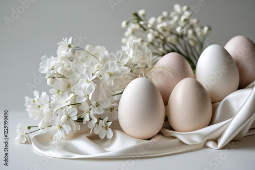 Light easter layout with white eggs with satin cloth and spring flowers on a pastel background. top view. copy space. flat lay. place for text. AI generated