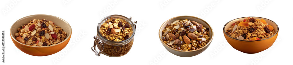 Granola with dried fruits on bowl on white background Granola with dried fruits on bowl on white background