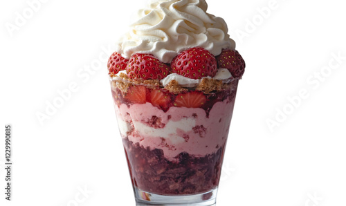 Layered Strawberry Dessert with Whipped Cream in a Glass Cup