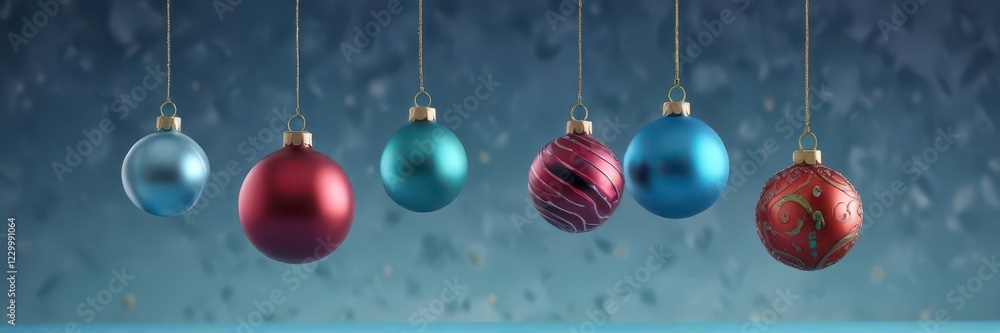 Fototapeta premium Colorful Christmas ornament elements suspended in mid-air on a serene blue background, blue, holiday, hanger