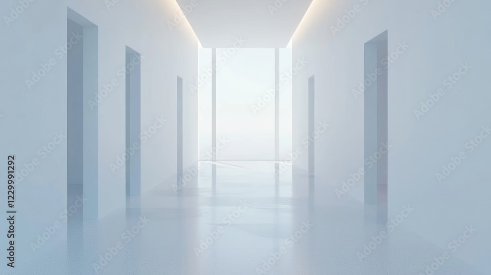 Fototapeta premium Serene White Corridor: Minimalist Architectural Interior Design