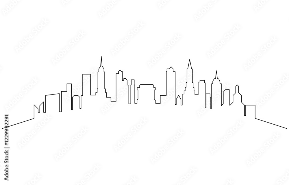 Modern cityscape continuous one line vector drawing. Metropolis architecture panoramic landscape, Cityscape in continuous one line vector drawing. Modern flat line landscape vector. Modern cityscape continuous one line vector drawing. Metropolis architecture panoramic landscape, Cityscape in continuous one line vector drawing. Modern flat line landscape vector.