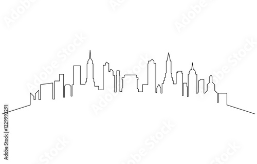Modern cityscape continuous one line vector drawing. Metropolis architecture panoramic landscape, Cityscape in continuous one line vector drawing. Modern flat line landscape vector.