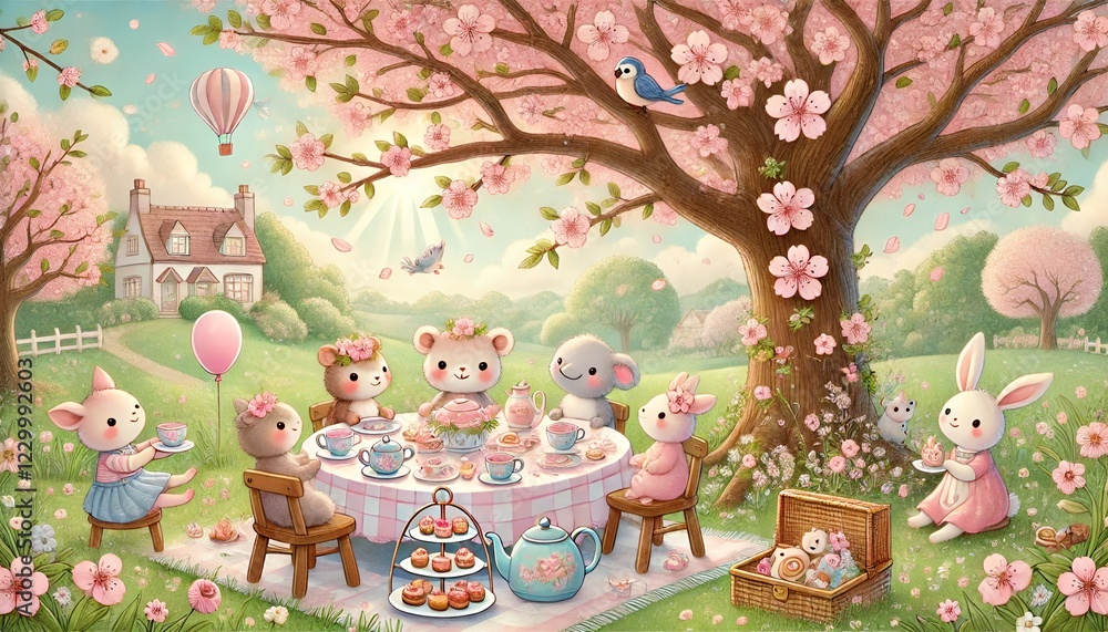 Fototapeta premium Adorable Woodland Animals Enjoying a Tea Party Under a Blossoming Cherry Tree in a Whimsical Pastel Spring Meadow