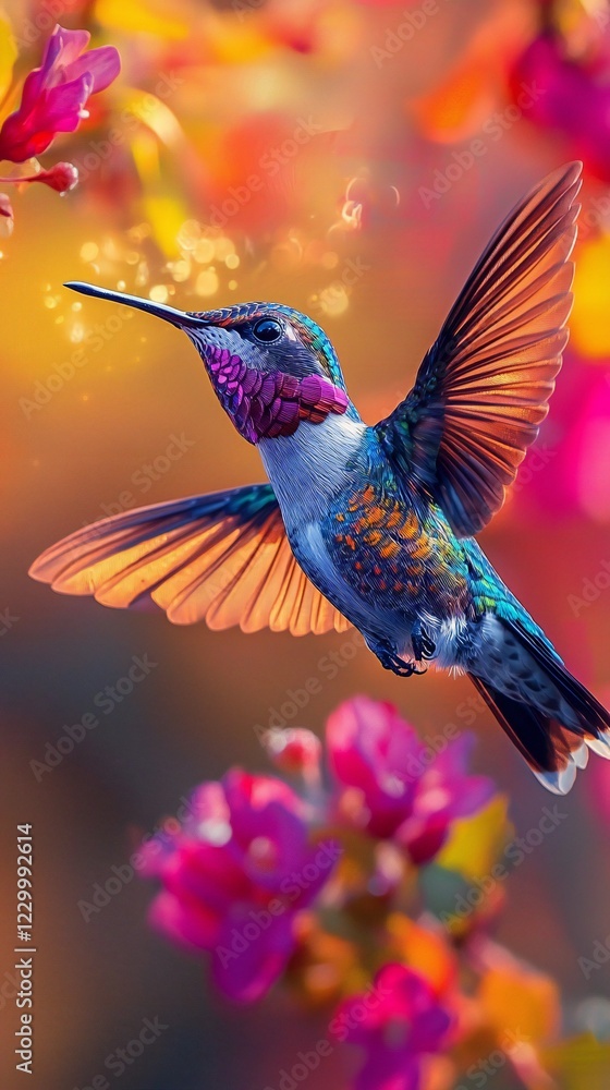 Obraz premium HD Phone Wallpaper Vibrant Hummingbird in Flight Amongst Colorful Flowers Nature Photography